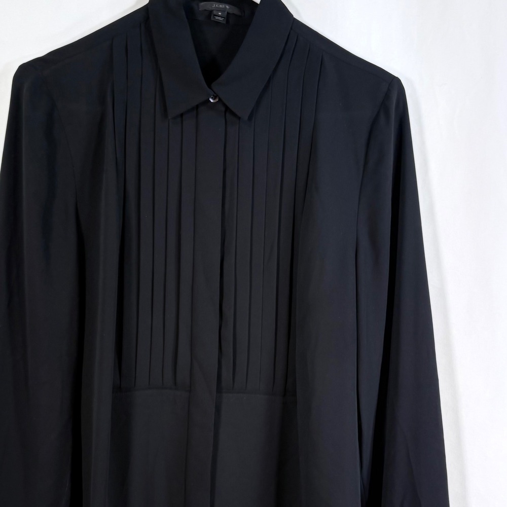 J.Crew Blouse Black Pleated Tuxedo Bib Long Sleeve Button Down Shirt Womens 8